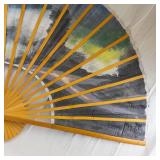 Hand-Painted Folding Fan - Bamboo Ribs, Scenic Village & Waterfall
