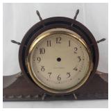 Vintage Ship-Wheel Mantel Clock - Dark Wood Case with Brass Bezel, Nautical Decor