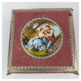 Antique French Jewelry Box with Romantic Couple Scene - Red Enamel, Gold Trim