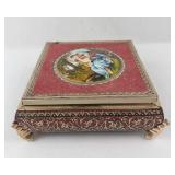 Antique French Jewelry Box with Romantic Couple Scene - Red Enamel, Gold Trim
