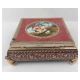 Antique French Jewelry Box with Romantic Couple Scene - Red Enamel, Gold Trim