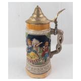 Ceramic Beer Stein with Brass Lid - Hand-Painted Village Scene