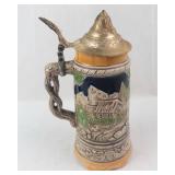 Ceramic Beer Stein with Brass Lid - Hand-Painted Village Scene