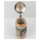 Ceramic Beer Stein with Brass Lid - Hand-Painted Village Scene