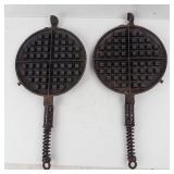 Vintage Cast Iron Waffle Plates - Coiled-Handle Griddles