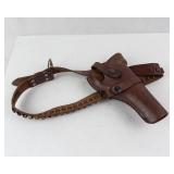 Leather Pistol Holster with Cartridge Belt - Vintage Brown Leather