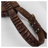 Leather Pistol Holster with Cartridge Belt - Vintage Brown Leather