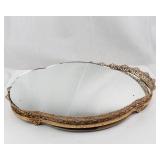 Vintage Oval Vanity Mirror with Ornate Gold-Tone Frame - Bowed Water-Damaged Wood Bottom