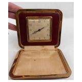 Phinney-Walker Travel Clock in Burgundy Leather Case with Gold Tone Frame