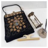 Beaded Black Velvet Evening Bag - Nail Buff - Geode Pen Holder - Hourglass (Brass Frame) (Lot of 4)