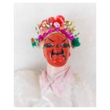 Chinese Doll With Red Face, White Silk Dress & Floral Headdress in Pink Box