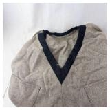 Grey 100% Wool V-Neck Sweater, Leather Gauntlet Gloves-Red Strap of Fabric, Grey/Blue Socks