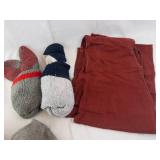 Grey 100% Wool V-Neck Sweater, Leather Gauntlet Gloves-Red Strap of Fabric, Grey/Blue Socks