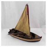 Wooden Sailboat Model - Tan Canvas Sail with Red Hull & 2 Oars