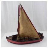 Wooden Sailboat Model - Tan Canvas Sail with Red Hull & 2 Oars