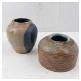 Pair of Stoneware Vases - Handmade Pottery with Blue & Tan Glazes