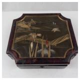 Antique Japanese Makie Lacquer Jewelry Box - Hand-Painted Landscape Scene