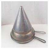Set of Two Vintage Aluminum Cone Juicer Strainers with Base and Handles