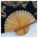 Dragon Hand Fan - Black Silk with Gold Foil Dragon Motif, Wooden Ribs