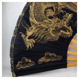 Dragon Hand Fan - Black Silk with Gold Foil Dragon Motif, Wooden Ribs