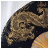 Dragon Hand Fan - Black Silk with Gold Foil Dragon Motif, Wooden Ribs
