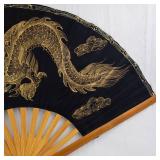Dragon Hand Fan - Black Silk with Gold Foil Dragon Motif, Wooden Ribs