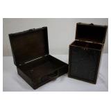Pair of Antique Wooden Boxes with Floral Lacquer Panels and Brass Hardware