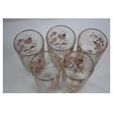Floral Pink Glass Tumblers - Gold Rim - Set of 5