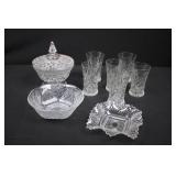 Crystal Glassware Set - 6 Glasses, Lidded Sugar Bowl, Compote & Square Dish