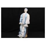 Porcelain Fashion Doll Head & Torso on Stand - Blue Hair, Painted Face, Satin Blue/White Outfit