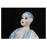 Porcelain Fashion Doll Head & Torso on Stand - Blue Hair, Painted Face, Satin Blue/White Outfit