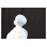 Porcelain Fashion Doll Head & Torso on Stand - Blue Hair, Painted Face, Satin Blue/White Outfit