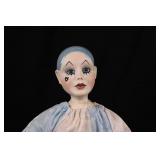 Porcelain Fashion Doll Head & Torso on Stand - Blue Hair, Painted Face, Satin Blue/White Outfit