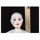 Porcelain Fashion Doll Head & Torso on Stand - Blue Hair, Painted Face, Satin Blue/White Outfit