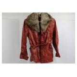 Red Leather Jacket with Shearling Collar - Belted Vintage Coat