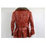 Red Leather Jacket with Shearling Collar - Belted Vintage Coat