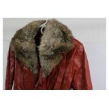 Red Leather Jacket with Shearling Collar - Belted Vintage Coat