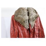Red Leather Jacket with Shearling Collar - Belted Vintage Coat