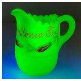 1900  3.25"  Custard Glass Souvenir San Antonio Texas Pitcher (Glow Under UV Light) Some Gold Missing On lip