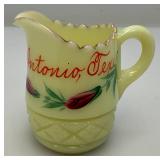1900  3.25"  Custard Glass Souvenir San Antonio Texas Pitcher (Glow Under UV Light) Some Gold Missing On lip