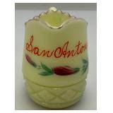 1900  3.25"  Custard Glass Souvenir San Antonio Texas Pitcher (Glow Under UV Light) Some Gold Missing On lip