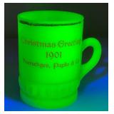 1901  3.5"  Custard Glass Souvenir Christmas Greetings 1901 Hoerschgen, Papke & C0. Mug (Glow Under UV Light) Some Gold Missing On lip