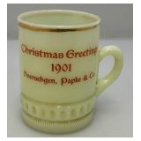 1901  3.5"  Custard Glass Souvenir Christmas Greetings 1901 Hoerschgen, Papke & C0. Mug (Glow Under UV Light) Some Gold Missing On lip