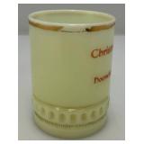 1901  3.5"  Custard Glass Souvenir Christmas Greetings 1901 Hoerschgen, Papke & C0. Mug (Glow Under UV Light) Some Gold Missing On lip