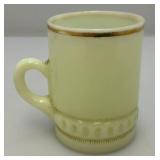 1901  3.5"  Custard Glass Souvenir Christmas Greetings 1901 Hoerschgen, Papke & C0. Mug (Glow Under UV Light) Some Gold Missing On lip