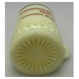 1901  3.5"  Custard Glass Souvenir Christmas Greetings 1901 Hoerschgen, Papke & C0. Mug (Glow Under UV Light) Some Gold Missing On lip