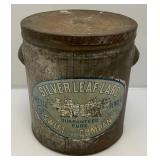 Antique Metal Canister With Lid And "SILVER LEAF LARD" Advertisement 12 1/2" x 14"
