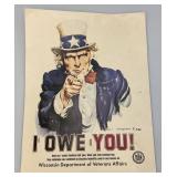 Vintage Uncle Sam "I OWE YOU!" Wisconsin Department Of Veterans Affairs Poster 17" x 22"