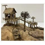 Vintage ALBERT GUIBARA Driftwood And Gilt Metal Art Sculpture Mid-Century Modern 7 1/2" x 8"