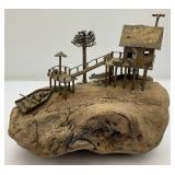 Vintage ALBERT GUIBARA Driftwood And Gilt Metal Art Sculpture Mid-Century Modern 7 1/2" x 8"